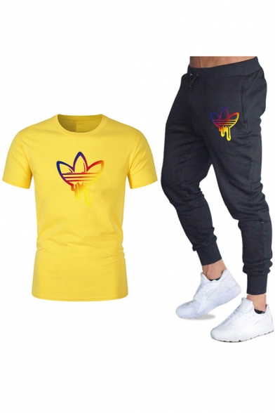Mens Summer Unique Clover Logo Printed Short Sleeve T-Shirt with Sport Sweatpants Two-Piece Set