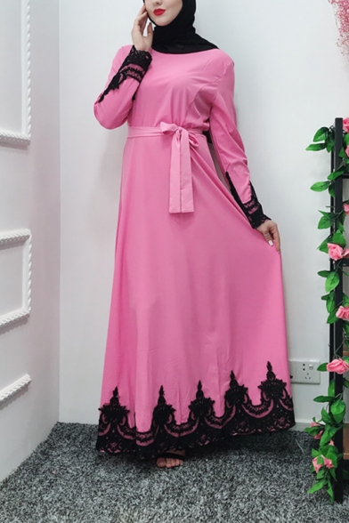 Moslem Fashion Round Neck Long Sleeve Bow-Tied Waist Lace Panelled Plain Pleated A-Line Maxi Dress