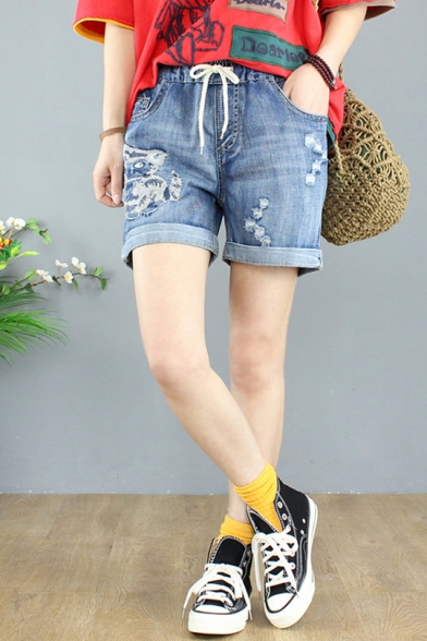 New Arrival Drawstring Cord Rolled Hem Ripped Cat Embroidered Vintage Denim Shorts