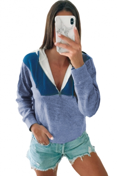 New Fashion Color Block Zippered Front Long Sleeve Pullover Hoodie