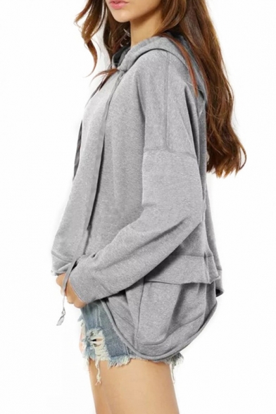 New Fashion Plain Dropped Shoulder Heather Knit Overlap Drawstring Loose Hoodie