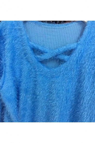 New Fashion V-Neck Long Sleeve Plain Mohair Fluffy Teddy Sweatshirt
