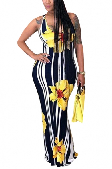 New Fashion V-Neck Sleeveless Floral Printed Striped Open Back Maxi Bodycon Dress