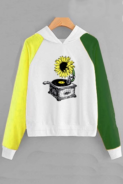 New Popular Color Block Long Sleeve Gramophone Sunflower Printed Unique Hoodie