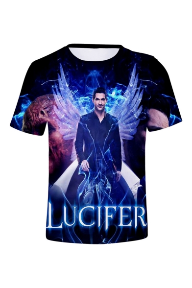 New Stylish 3D Letter LUCIFER Figure Printed Round Neck Short Sleeve T-Shirt
