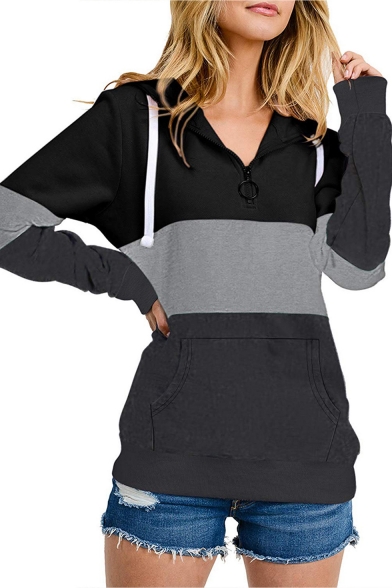 New Stylish Color Block Zippered Front Long Sleeve Pullover Hoodie With Pocket