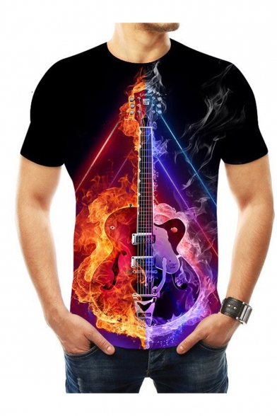 New Stylish Colorblock Fire Guitar Print Round Neck Short Sleeve Basic T-Shirt