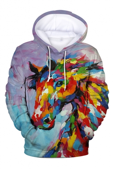 New Stylish Colored Painting Horse Printed Long Sleeve Unisex Purple Drawstring Pullover Hoodie
