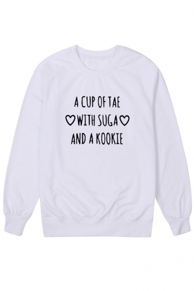 New Stylish Letter A CUP OF TEA Heart Letter Print Round Neck Long Sleeve Pullover Sweatshirt
