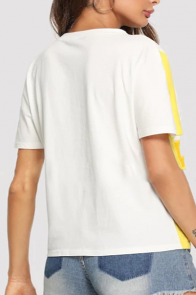 New Stylish POWURME Letter Print Colorblock Round Neck Short Sleeve Loose T-Shirt