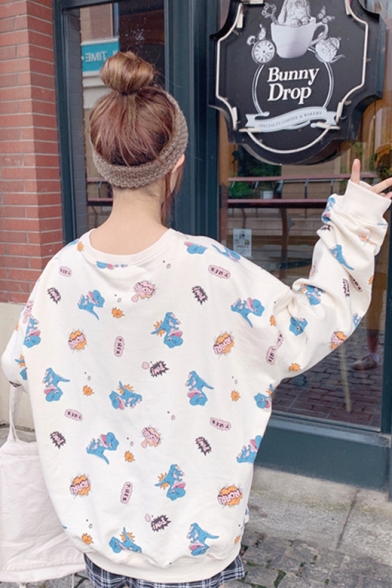 New Trendy Lovely Cartoon Dinosaur Print Long Sleeve Round Neck Pullover Sweatshirt