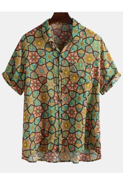 New Trendy Mens Short Sleeve Lapel Collar Floral Printed Button Down Hawaiian Shirt
