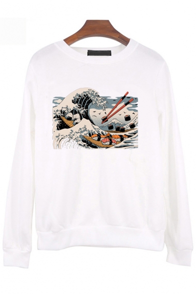 New Trendy Ukiyo-e Style Long Sleeve Round Neck Wave Sushi Print White Pullover Sweatshirt