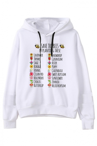 New Trendy White Long Sleeve SAVE THE BEES Letter Bee And Flower Printed Loose Hoodie