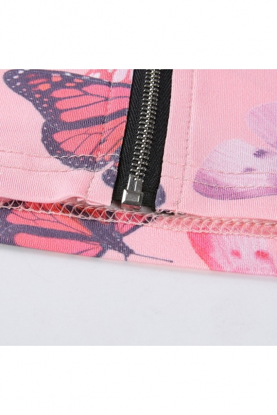 Pink Sleeveless Zipper Front Butterfly Printed Slim Fitted Cropped Tank Tee