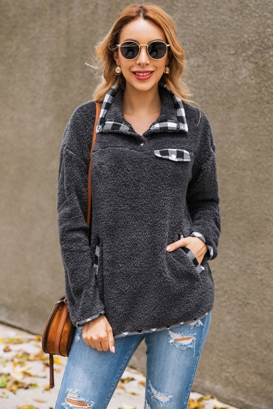Popular Check Print Stand Collar Long Sleeve Pocket Pullover Loose Fluffy Sweatshirt