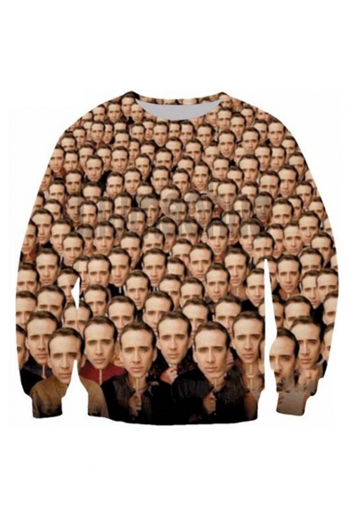 Popular Famous Actor Figure 3D Printed Round Neck Long Sleeve Khaki Pullover Hoodie