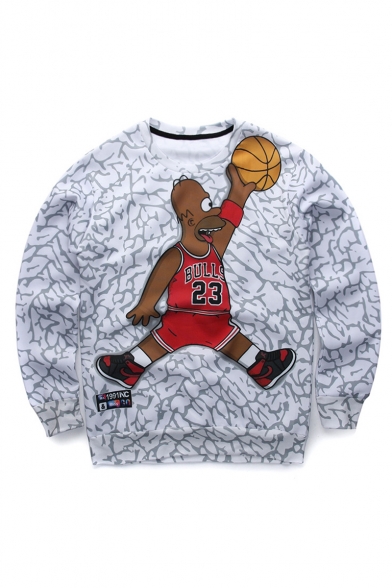 Popular Fashion Cartoon Basketball Printed Long Sleeve Round Neck Gray Pullover Sweatshirts