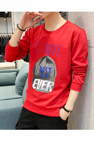 Popular Fashion Letter I HAVE A BEST DAY Hat Printed Round Long Sleeve Mens Casual Pullover Sweatshirts