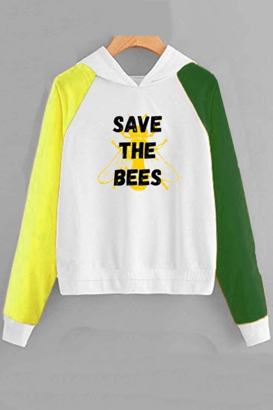 SAVE THE BEES Letter Bee Printed Color Block Long Sleeve Hoodie