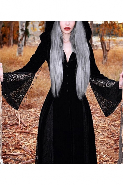 Sexy Women New Vintage Style Long Sleeve Lace Panel Hooded Witch Cloak Dress Coat