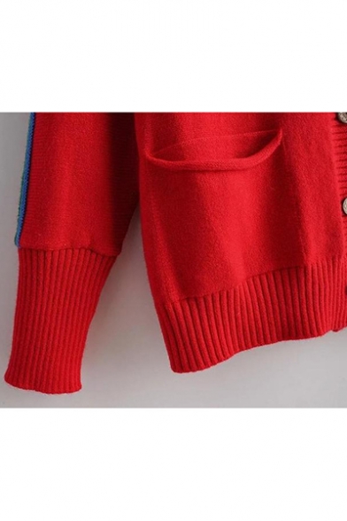 Simple Colorblock Print V Neck Long Raglan Sleeve Boxy Cardigan with Pockets