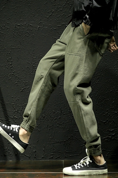 Simple Fashion Solid Color Drawstring Waist Elastic Cuffs Men's Casual Cotton Tapered Cargo Pants