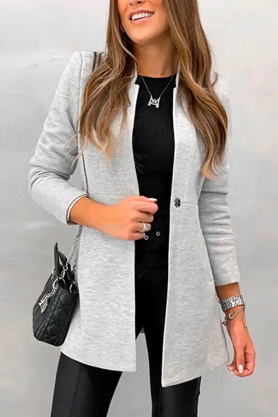 Simple Women's Plain Stand Up Collar Single Button Fitted Longline Wool Coat