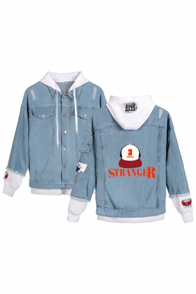 

Stranger Things Cool Cap Print Patched Fake Two-Piece Button Down Hooded Denim Jacket Coat, LM553051, Black-white;blue-white;black-gray;blue-black