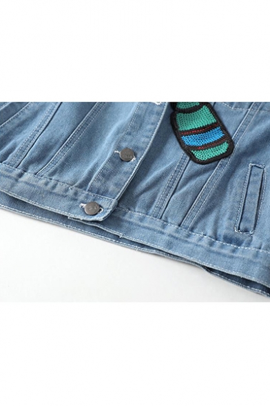 Stylish Lapel Collar Cartoons Paillette-Embellished Multi-Pocket Cropped Jean Jacket