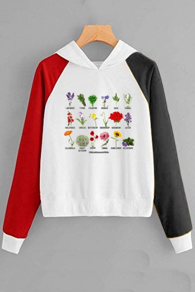 Stylish Letter Plant Printed Long Sleeve Color Block Pullover Hoodie