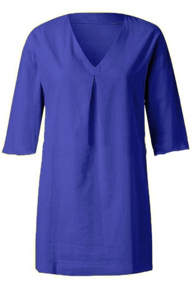 Summer 3/4 Sleeve V Neck Solid Color Cotton Linen Loose Dress Blouse