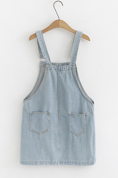 Summer Girls Simple Chic Floral Embroidery Mini Denim Overall Dress