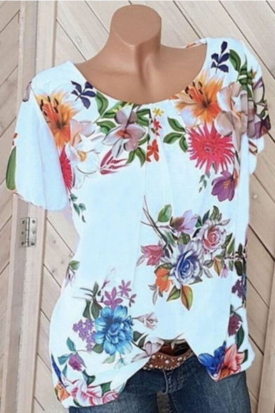 Summer Hot Fashion Short Sleeve Round Neck Floral Printed Elegant T-Shirt
