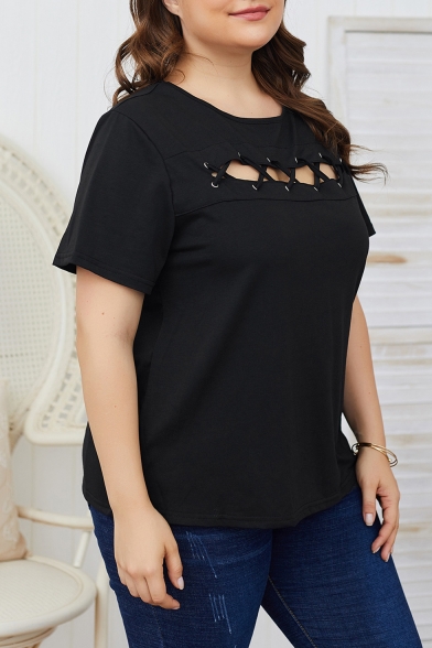 Summer Hot Fashion Short Sleeve Round Neck Plain Cutout Plus Size Loose Casual Black T Shirt