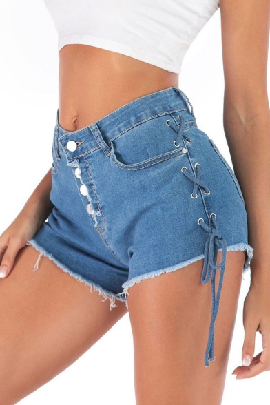 

Summer Hot Popular Lace Up Side Eyelet Embellished Button Front Raw Hem Slim Fitted Stretch Denim Shorts, LM551000