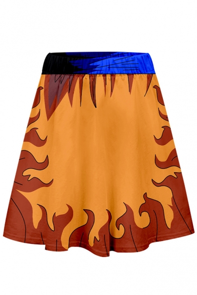 Summer Orange Elastic Waist Fire Printed Mini A-Line Skater Skirt