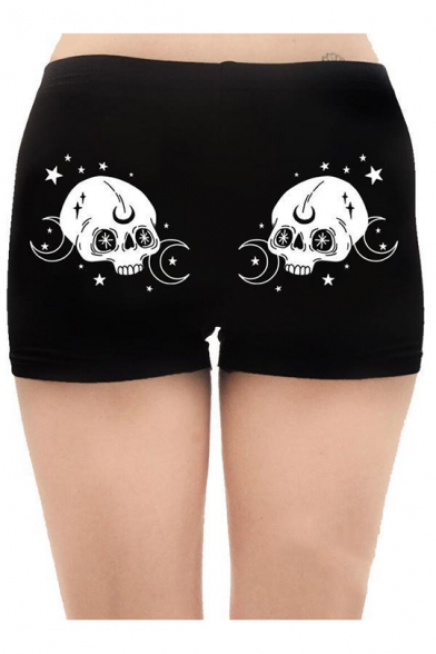 Summer Hot Trendy Black Elastic Waist Skull Star Printed Slim Fitted Shorts