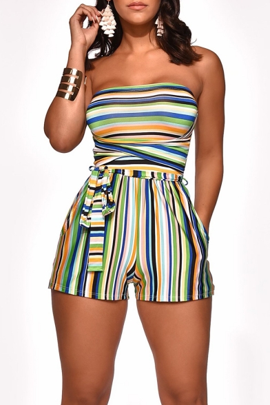 Summer Hot Trendy Strapless Sleeveless Striped Printed Tie Waist Sexy Bandeau Rompers