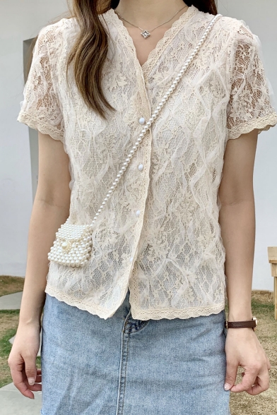 Summer New Arrival Chic Apricot Short Sleeve V Neck Single Breasted Sheer Lace T Shirt