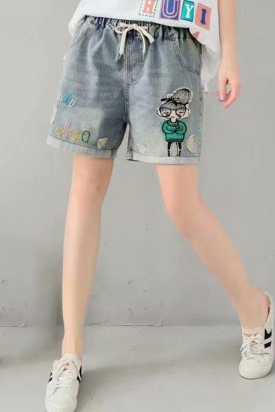Summer New Arrival Drawstring Waist Rolled Hem Cartoon Girl Dog Embellished Oversize Denim Shorts