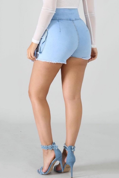 Summer New Arrival Plain Tie Waist Flap-Pocket Fake Two Piece Fitted Denim Shorts