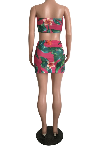 Summer Womens Fashion Tropical Leaf Printed Knotted Bandeau Top with Lace-Up Mini Skirt Two-Piece Set