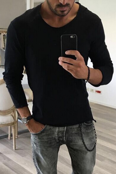 Trendy Personalized Mens Plain Long Sleeve Round Neck Slim Fit Tee