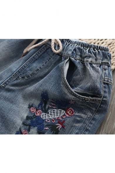 Vintage Drawstring Cord Rolled Hem Distressed Washed Floral Embroidered Straight Denim Shorts
