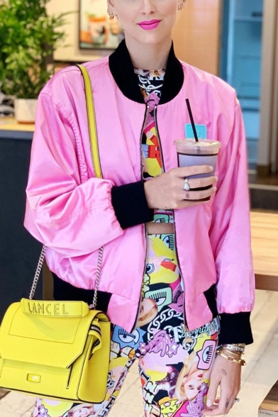 Vivacious Contrast Collar Colorblocked Long Sleeve Pink Baseball Jacket