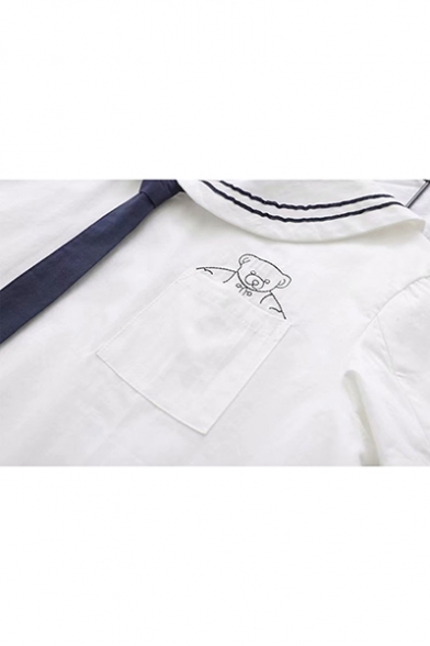 White Short Sleeve Tie Neck Bear Embroidered Pocket Front Pullover Sailor Tee