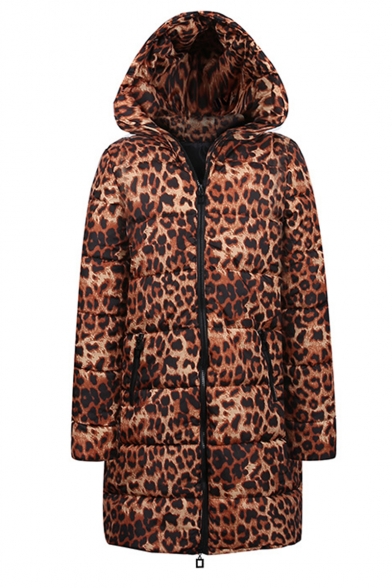 Winter Hot Popular Leopard Print Hooded Longline Zipper Down Coat