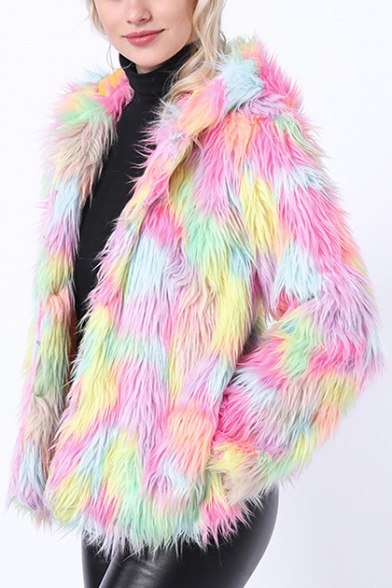 Winter Warm Open Front Long Sleeve Muli-Color ombré Faux Fur Hooded Short Overcoat