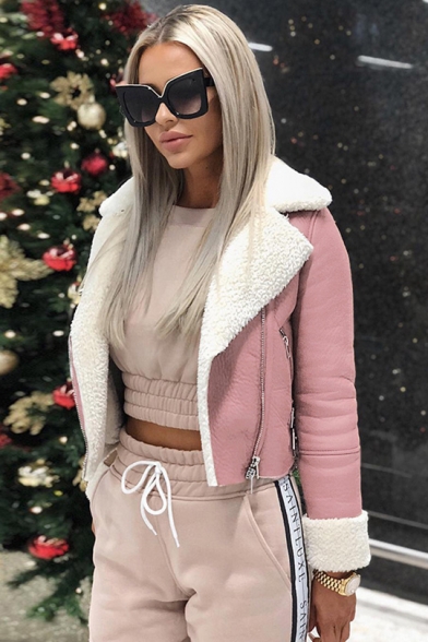 Winter Women's Notched Lapel Collar Open Front Long Sleeve Cropped Shearling Riders Jacket Coat